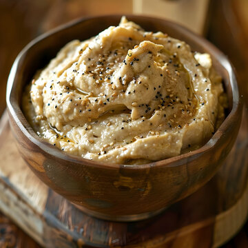 Photo - Creamy Homemade Hummus with Olive Oil, Sesame Seeds, and Black Pepper in a Wooden Bowl