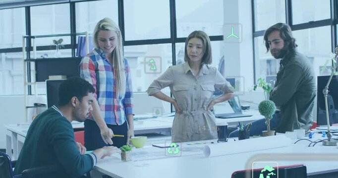 Animation of ecology icons and data processing over diverse colleagues discussing work in office