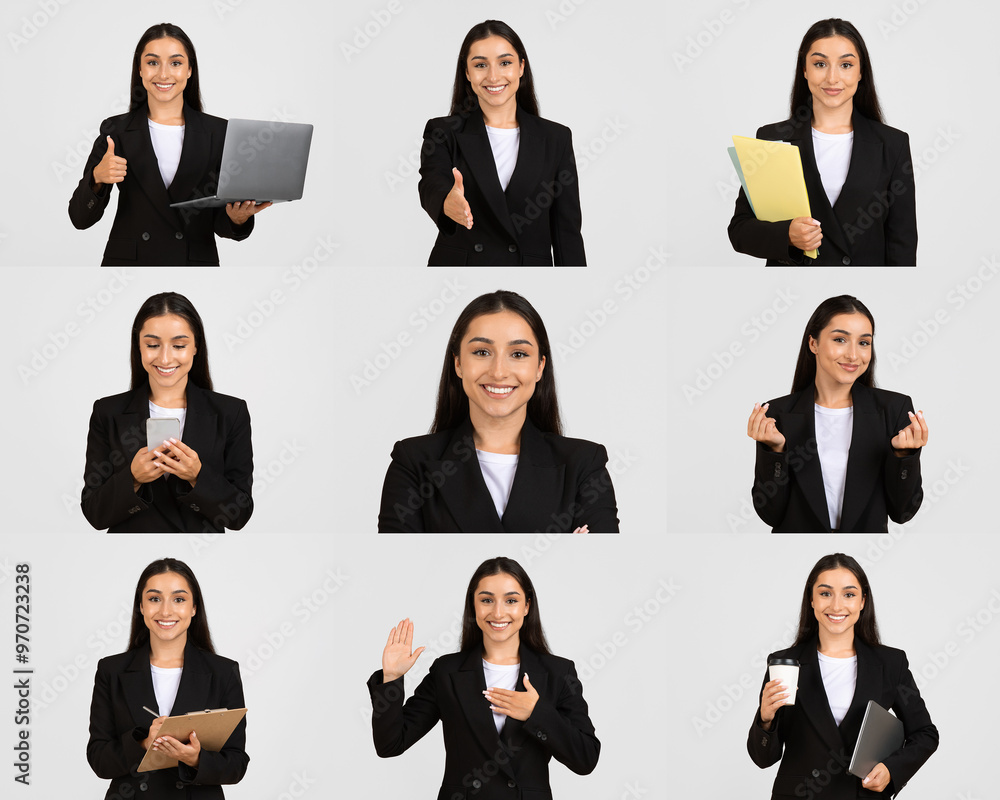 Poster a professional woman is captured showcasing a range of expressions and activities, from presenting a