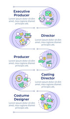 Film production crew infographic vertical sequence. Television entertainment, media production. Visualization infochart with 5 steps. Circles workflow. Montserrat SemiBold, Lato Regular fonts used