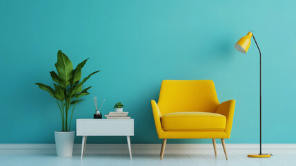 A bright yellow armchair sits on a blue background. Beside it is a modern white table with a plant and books. A floor lamp stands nearby.