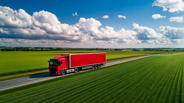 A red semi-truck drives through a verdant countryside under a blue sky, symbolizing transportation and supply chain logistics