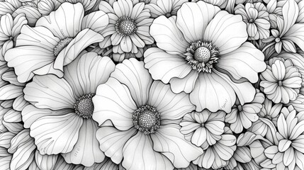 A gorgeous floral-themed coloring book page showcasing a bouquet of flowers with detailed petals and stems, offering a satisfying coloring experience.