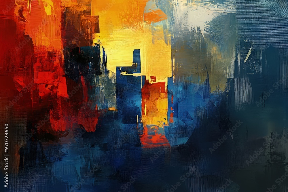 Wall mural art of a ruined blue city with predominant red, orange, yellow, and blue shades, capturing a vibrant