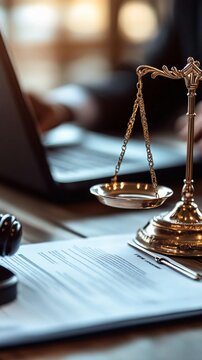 A close-up of a legal scale paired with documents and a laptop, symbolizing justice and professionalism in law.