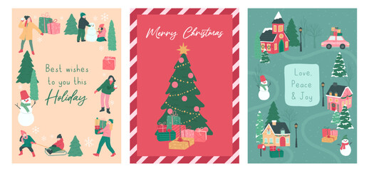 Collection of Winter Christmas tree and village with people poster vector illustration