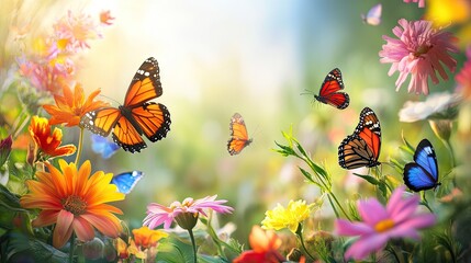 A butterfly garden in full bloom with bright flowers and fluttering butterflies, symbolizing springtime.