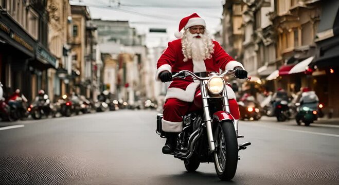 Santa Claus on a motorcycle in the city.