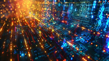 Naklejka premium Abstract Digital Data Flow with Binary Code and Colorful Lights