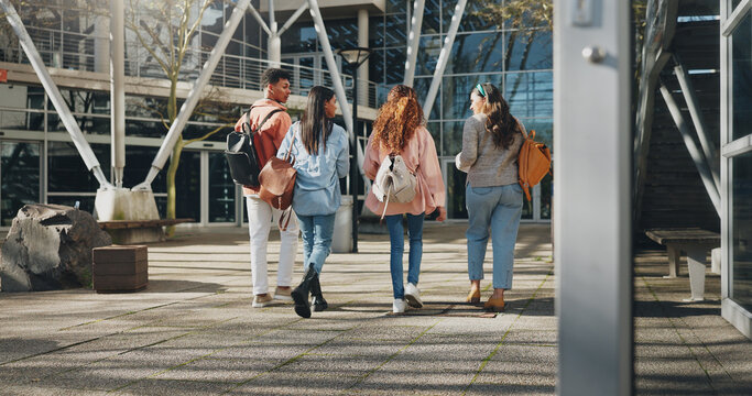 Education campus, students and walking at college to class with talking, conversation or exam chat. Back, friends and diversity outdoor at university with backpack for learning, scholarship and study - Powered by Adobe