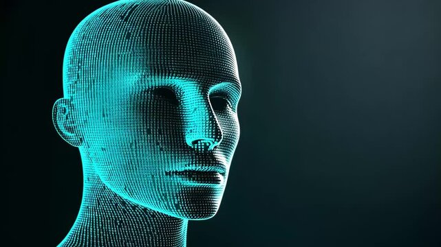 A digital human head with binary code signifies artificial intelligence and technology, suitable for tech New Year's or National Techies Day