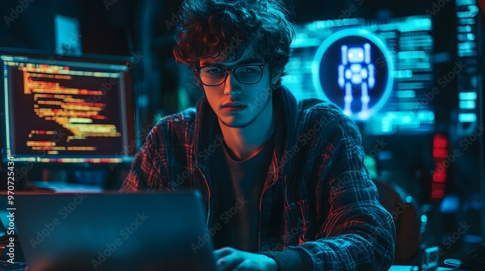 Poster young male programmer or developer working late at night in a dark,futuristic-looking tech workspace