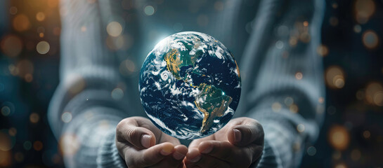 Fototapeta premium A businessman holds a digital hologram of the Earth, representing the global network and connectivity concept. This information technology is used for business intelligence or data science.