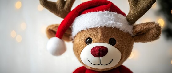 Fototapeta premium Plush, reindeer, Santa Claus, Claus, hat, close-up, white, isolated, copy space, teddy, Christmas, card, background, Christmas tree, caribou, holiday, decoration, soft, deer