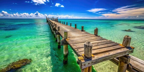Obraz premium faded wooden planks of an old abandoned pier contrasting with vibrant turquoise ocean waters and bright blue sky on a sunny day