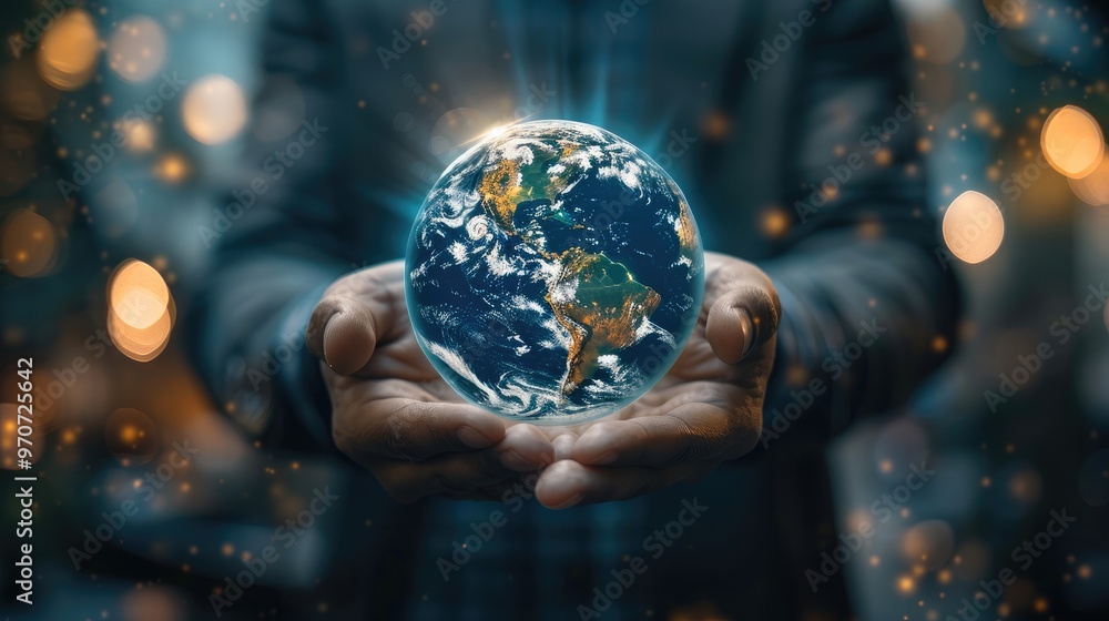 Poster a businessman holds a digital hologram of the earth, representing the global network and connectivit