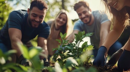 Obraz premium Neighbors joyfully planting trees in the summer sun