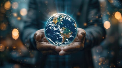 Fototapeta premium A businessman holds a digital hologram of the Earth, representing the global network and connectivity concept. This information technology is used for business intelligence or data science.