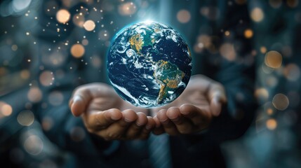 Fototapeta premium A businessman holds a digital hologram of the Earth, representing the global network and connectivity concept. This information technology is used for business intelligence or data science.
