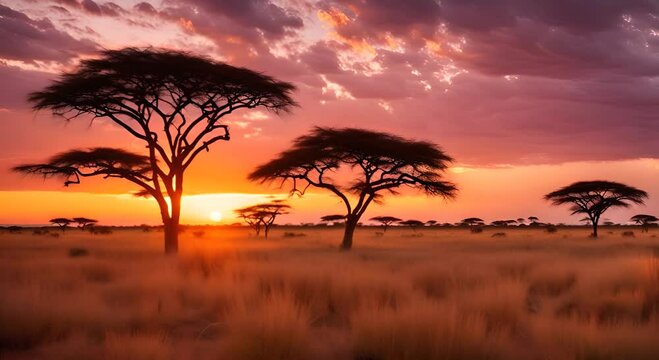 Baobab tree in the savannah at sunset.