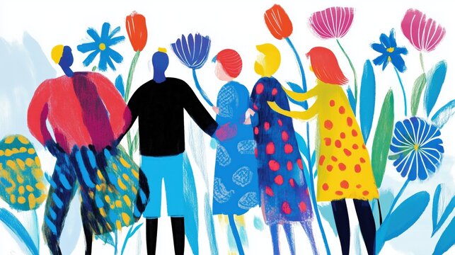 Joyful family amidst vibrant spring blooms - clipart for design