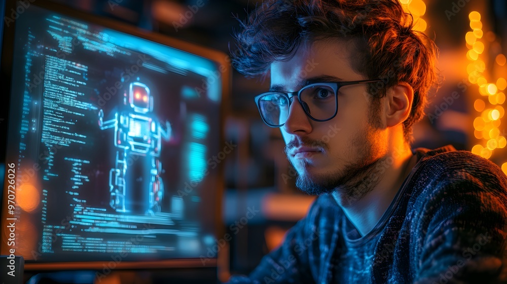 Poster concentrated programmer with messy hair and glasses deeply engrossed in coding and data processing o