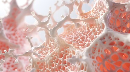 An enlarged image of fibrous scar tissue, dense collagen network, detailed regenerative process