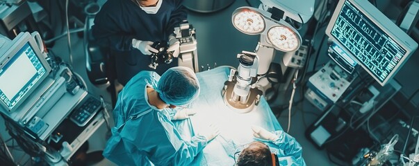 Overhead view of a robotic surgical system in operation with a team of doctors conducting a complex medical procedure in a modern operating room