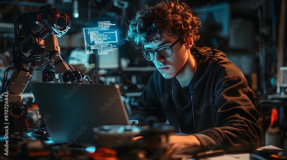 Poster focused young programmer typing code and analyzing data on laptop in a dimly lit tech workspace envi