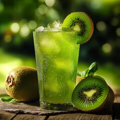 Kiwi Mix soda fruit juice and slice with ice in glass
