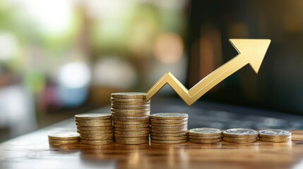 A gold arrow pointing upwards on a stack of coins, representing financial growth and success.