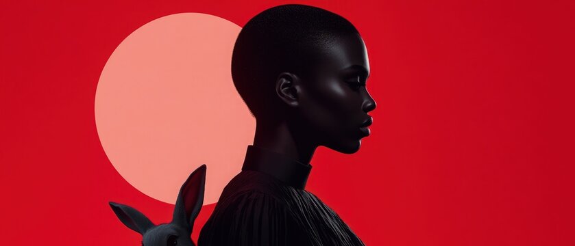 African American fashion model in foreground with minimalist design, rabbit and moon on gradient red background, high-resolution poster
