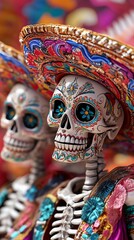 Fototapeta premium Colorful sugar skull figures celebrating Dia de los Muertos, adorned with vibrant decorations and intricate details.