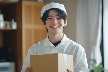 smiling Japanese courier in white uniform holding cardboard box, bright indoor setting with cheerful professional mood
