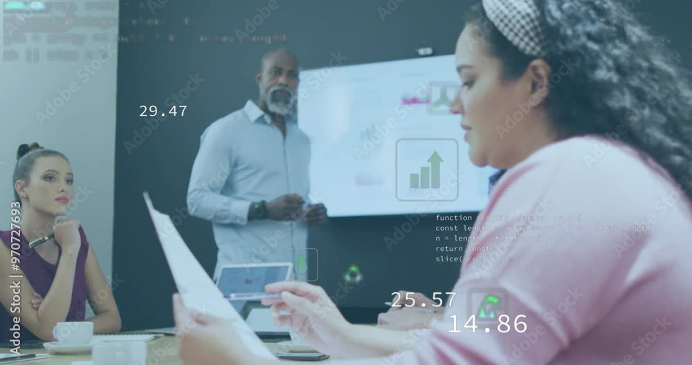 Poster animation of ecology icons and data processing over diverse colleagues discussing work in office