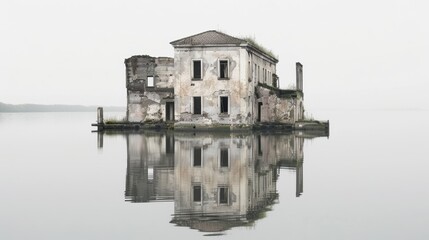 Obraz premium Minimalist photography, dilapidated building on water, imperfect, peeling wall, dilapidated scene, reflection