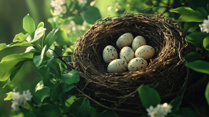 Fototapeta premium A close-up of a birds nest filled with eggs, surrounded by fresh spring greenery.