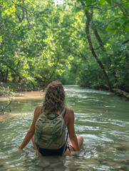 Fototapeta premium Young woman with backpack relaxing in forest river