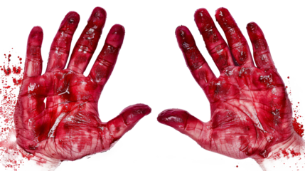 Bloody hands covered in red blood, isolated in PNG format, ideal for horror or dramatic design themes.