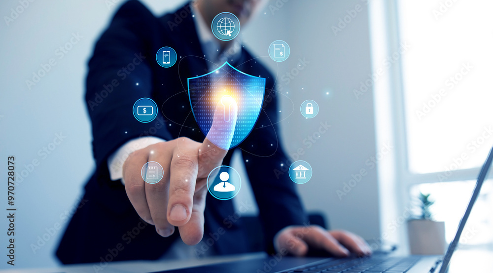 Poster information and cyber security technology services.network security system. protecting herself from 