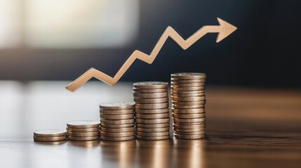 A gold arrow pointing upwards above stacks of coins on a wooden table, representing financial growth and success.