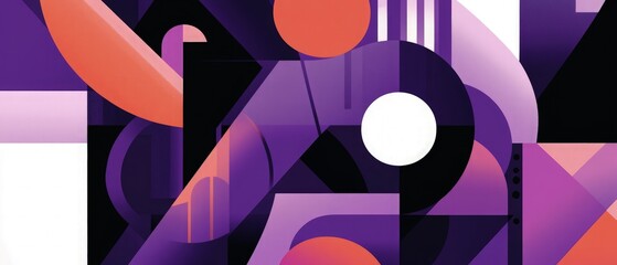 Retro-style illustration with angular forms and smooth curves in deep purples and vibrant violets, inspired by 1970s aesthetics
