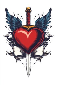 A red heart pierced by a dagger with wings and a banner.