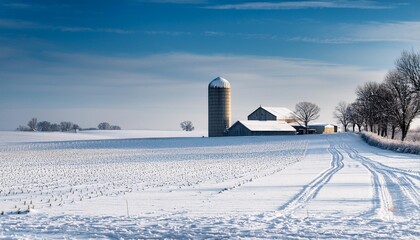 Snow-covered farmland with a distant silo.