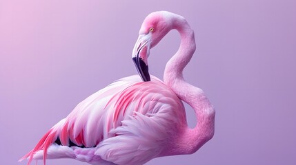Elegant flamingo bird in a relaxed pose on a pastel lavender background
