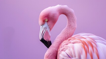 Elegant flamingo bird in a relaxed pose on a pastel lavender background