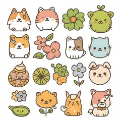 Kawaii icons of dogs, flowers, and seeds, doodle style in pastel colors, simple lines, cute faces on a white background
