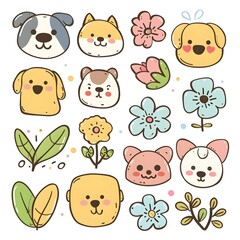 Kawaii icons of dogs, flowers, and seeds, doodle style in pastel colors, simple lines, cute faces on a white background