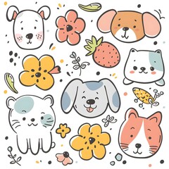 Kawaii icons of dogs, flowers, and seeds, doodle style in pastel colors, simple lines, cute faces on a white background