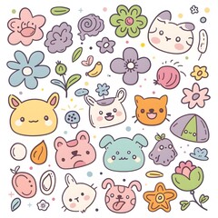 Kawaii icons of dogs, flowers, and seeds, doodle style in pastel colors, simple lines, cute faces on a white background